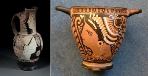 Etruscan red figure pottery, oenochoe 400 BC, and skyphos with woman&rsquo;s head, 3rd century BC - source Collector-Antiquities